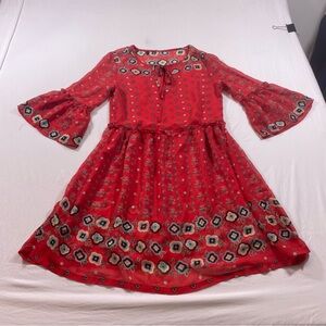 Boho Sheer Floral Dress Medium Bell long sleeve pleated Mini dress